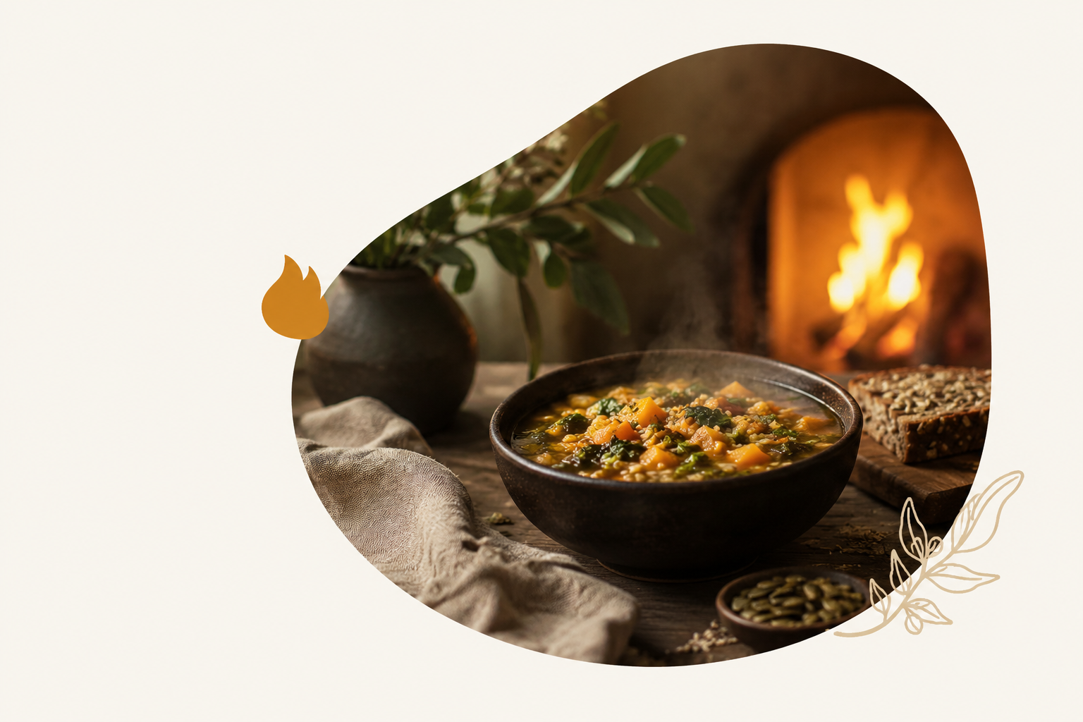 Warm bowl of lentil soup with fresh herbs — slow food, mindful eating